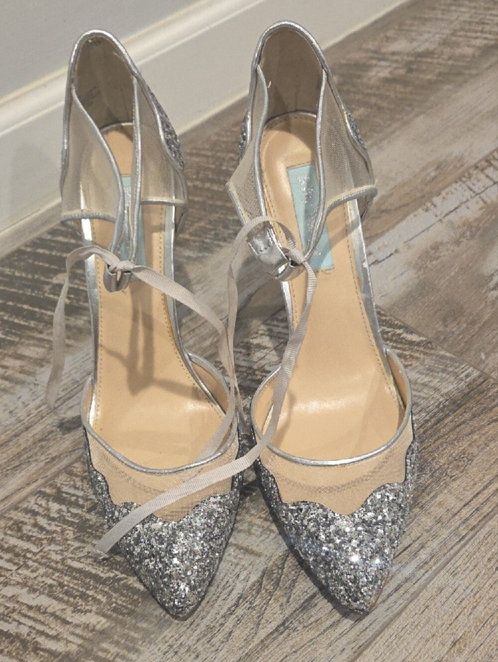 Betsey Johnson Silver Glitter Pointed Lace-Up Heels with Mesh Panels